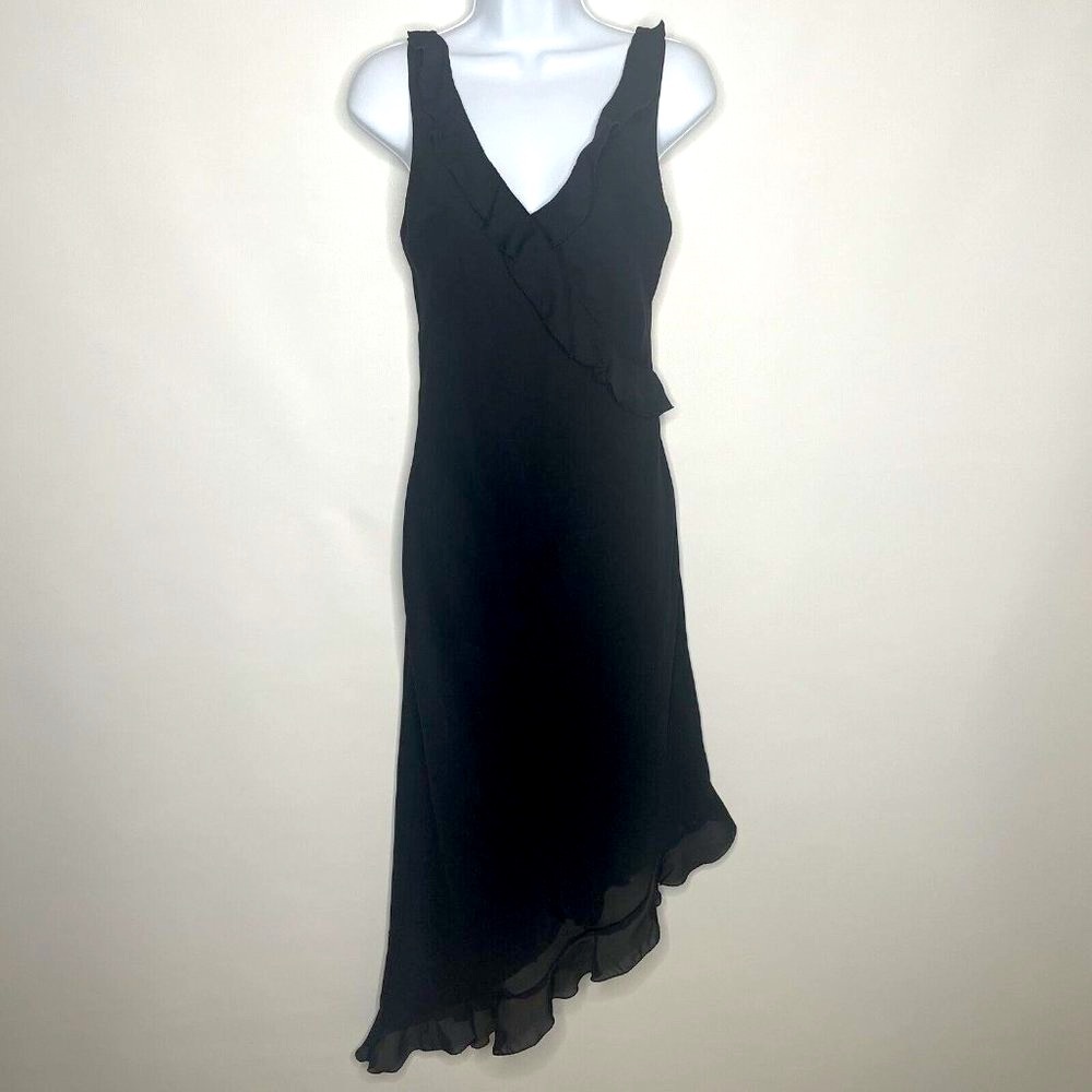 Vintage 90s City Triangles Black Ruffled Chiffon Asymmetric Sheath Dress